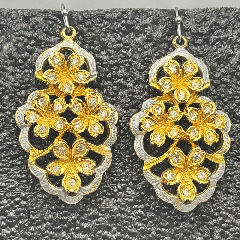 Vintage Gold Tone Filigree Floral Clover Drop Earrings Rhinestones 80s Statement